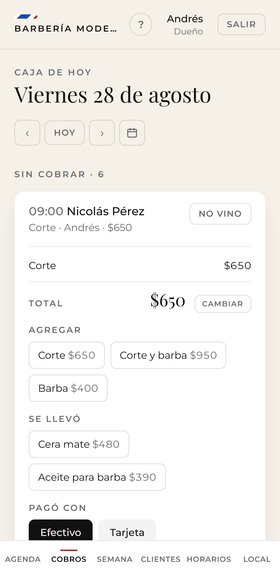 La pantalla de Cobros, con el ticket de un turno y el cierre de caja.