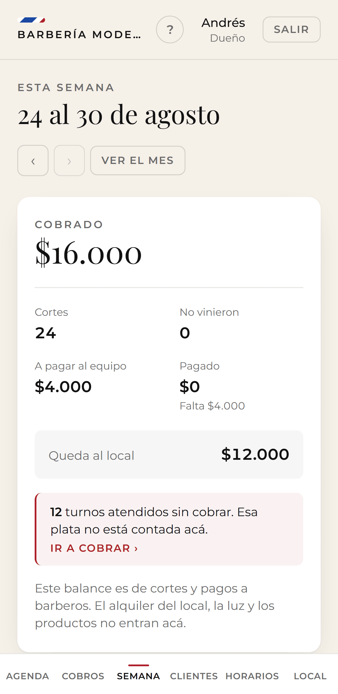 La pantalla de Semana, con los cortes de cada barbero y lo que le toca cobrar.